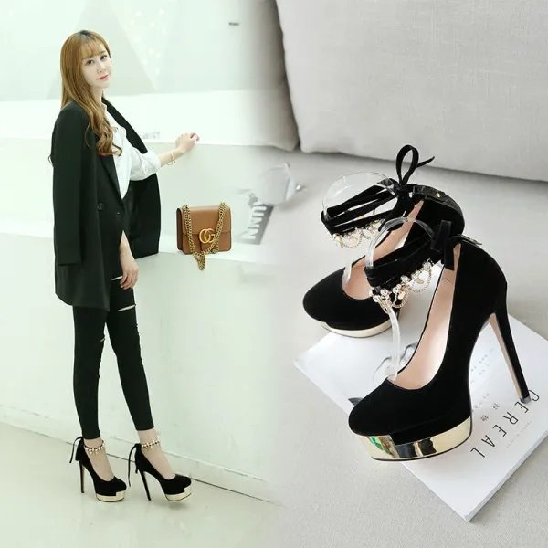 Sexy Noire Chaussures Femmes 2018 Soiree Metal Faux Diamant Bride Cheville 13 cm Talons Aiguilles Plateforme A Bout Rond Escarpins