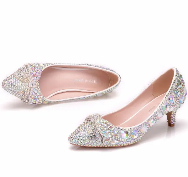 Sparkly Sølv Brudesko 2018 Krystall Rhinestone 5 cm Stiletthæler Spisse Bryllup Pumps