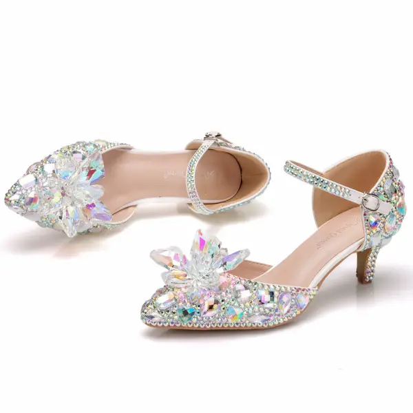 Amazing / Unique Silver Wedding Shoes 2018 Buckle Crystal Rhinestone 5 cm Stiletto Heels Pointed Toe Wedding High Heels