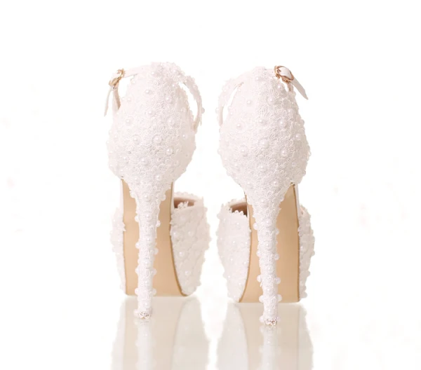 Elegant White Wedding Shoes 2018 Lace Flower Pearl Ankle Strap 14 cm Stiletto Heels Round Toe Wedding High Heels