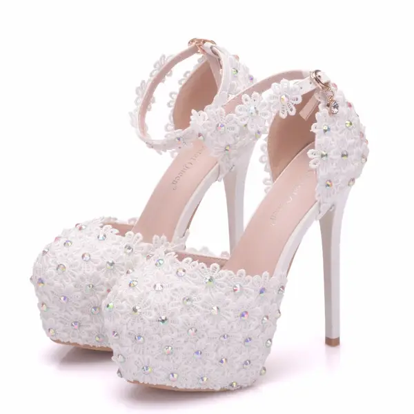 Modern / Fashion White Wedding Shoes 2018 Lace Flower Rhinestone Ankle Strap 14 cm Stiletto Heels Round Toe Wedding High Heels