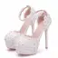 Modern / Fashion White Wedding Shoes 2018 Lace Flower Rhinestone Ankle Strap 14 cm Stiletto Heels Round Toe Wedding High Heels