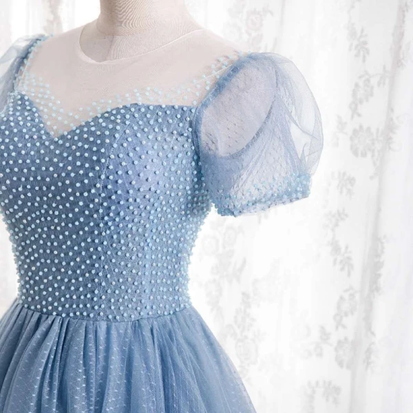Charming Pool Blue Beading Prom Dresses 2021 A-Line / Princess Scoop Neck Short Sleeve Floor-Length / Long Formal Dresses