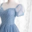 Charming Pool Blue Beading Prom Dresses 2021 A-Line / Princess Scoop Neck Short Sleeve Floor-Length / Long Formal Dresses