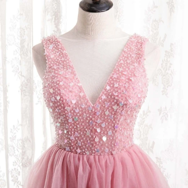 Charmant Rose Bonbon Volants Robe De Soirée 2021 Princesse Encolure Dégagée Sans Manches Perlage Paillettes Dos Nu Soirée Longue Robe De Ceremonie