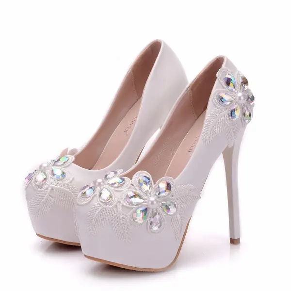 Mote Hvit Brudesko 2018 Blonder Krystall 14 cm Stiletthæler Rund Tå Bryllup Pumps