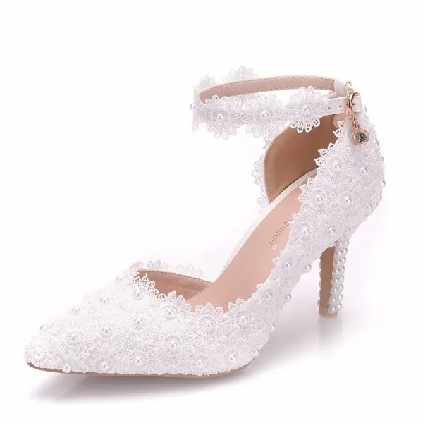 Chic / Beautiful White Wedding Shoes 2018 Lace Flower Pearl 8 cm Stiletto Heels Pointed Toe Wedding High Heels