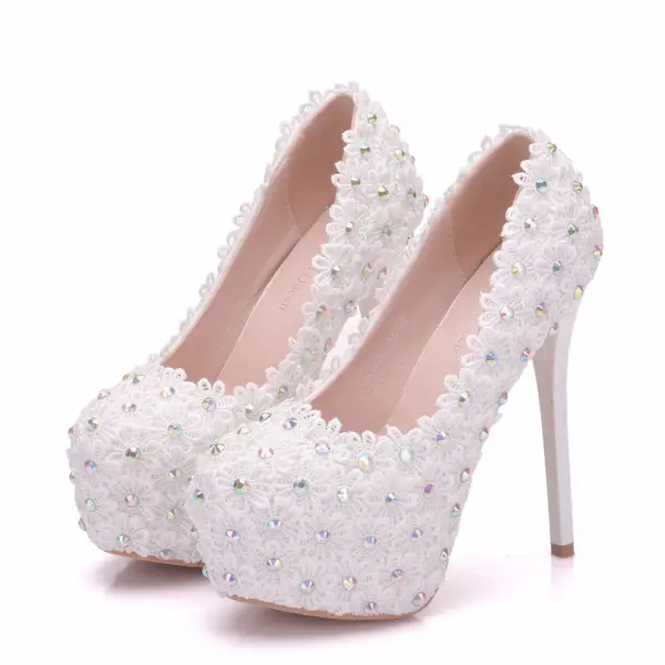 Chic / Beautiful White Wedding Shoes 2018 Lace Flower Rhinestone 14 cm Stiletto Heels Round Toe Wedding Pumps