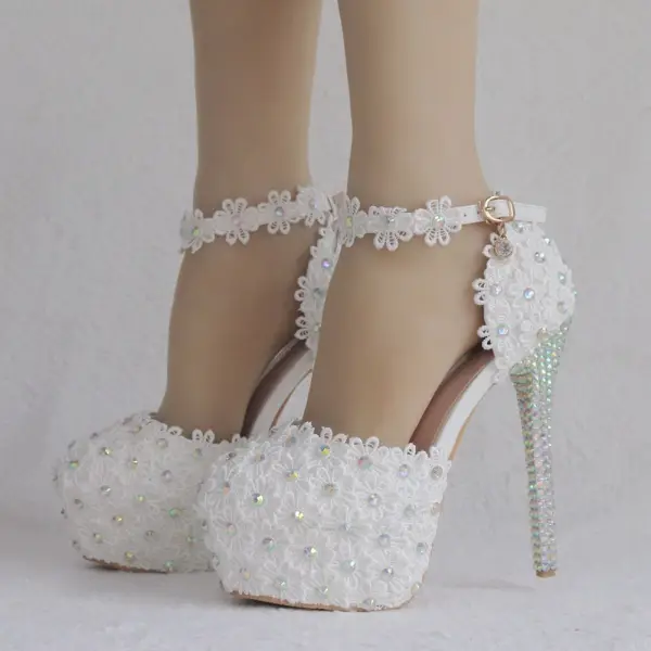 Chic / Beautiful White Wedding Shoes 2018 Lace Flower Rhinestone 14 cm Stiletto Heels Wedding Round Toe High Heels