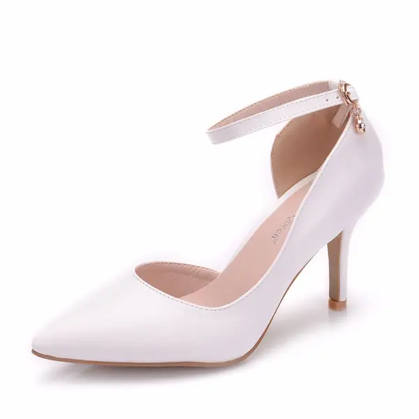 Schlicht Weiß Büro Damenschuhe 2018 Knöchelriemen 8 cm Stilettos Spitzschuh Hochhackige