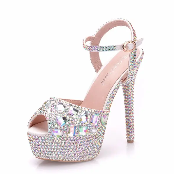 Sparkly Silver Wedding Shoes 2018 Crystal Rhinestone Ankle Strap 14 cm Stiletto Heels Open / Peep Toe Wedding High Heels
