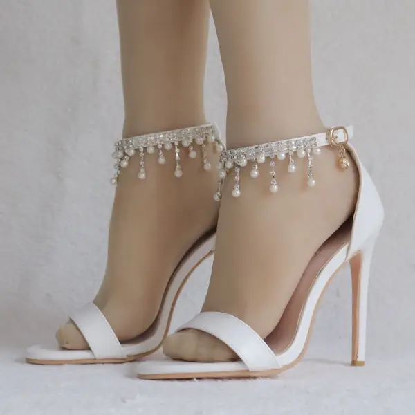 Sexy White Wedding Shoes 2018 Pearl Rhinestone Tassel Ankle Strap 11 cm Stiletto Heels Open / Peep Toe Wedding High Heels