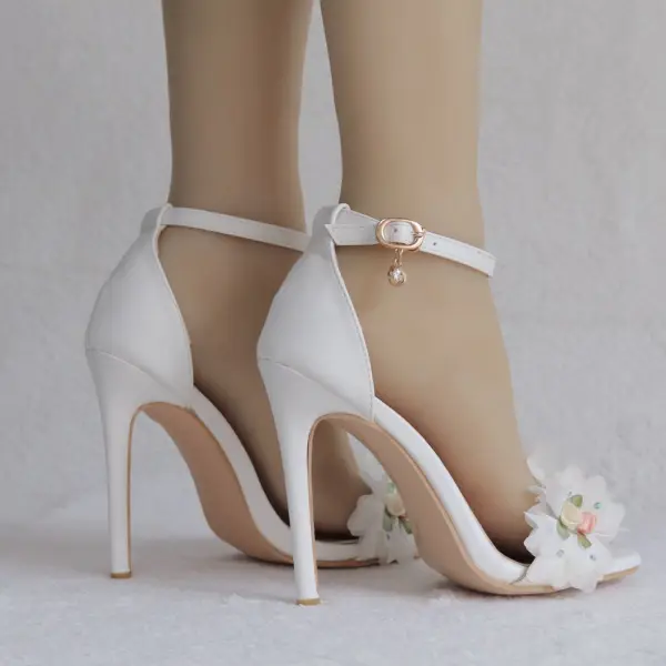 Schöne Weiß Brautschuhe 2018 Applikationen Strass Knöchelriemen 11 cm Stilettos Peeptoes Hochzeit Hochhackige