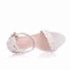 Modern / Fashion White Wedding Shoes 2018 Lace Flower Rhinestone Ankle Strap 11 cm Stiletto Heels Open / Peep Toe Wedding High Heels