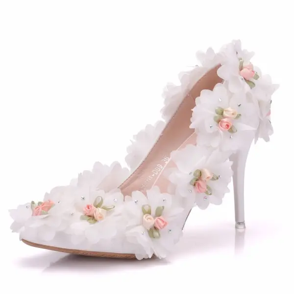 Elegant White Wedding Shoes 2018 Appliques Rhinestone 9 cm Stiletto Heels Pointed Toe Wedding Pumps