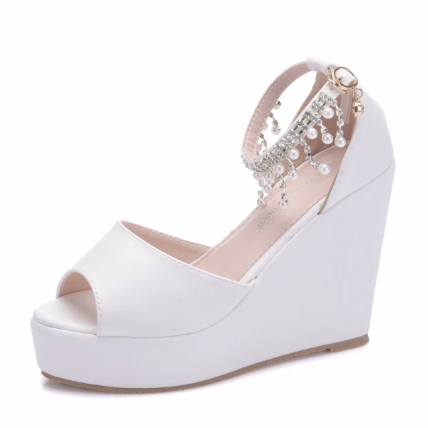 Mote Hvit Casual Kilehæl Damesko 2018 Perle Rhinestone Dusk Ankelstropp Peep Toe