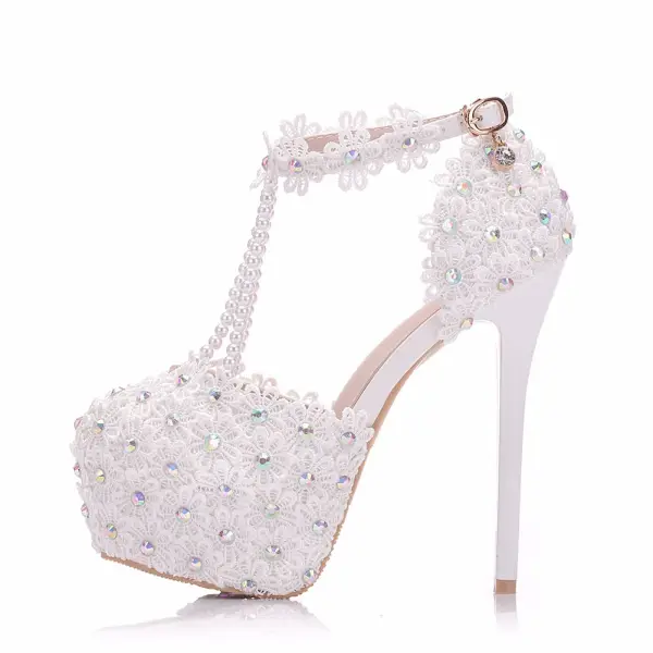 Modern / Fashion White Wedding Shoes 2018 Lace Flower Pearl Rhinestone Ankle Strap T-Strap 11 cm Stiletto Heels Round Toe Wedding High Heels