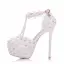 Modern / Fashion White Wedding Shoes 2018 Lace Flower Pearl Rhinestone Ankle Strap T-Strap 11 cm Stiletto Heels Round Toe Wedding High Heels