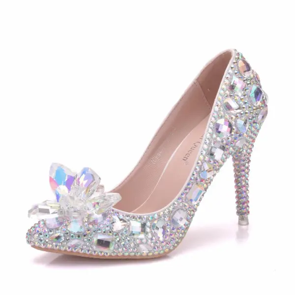Błyszczące Srebrny Buty Ślubne 2018 Kryształ Rhinestone 9 cm Szpilki Okrągłe Toe Ślub Czółenka