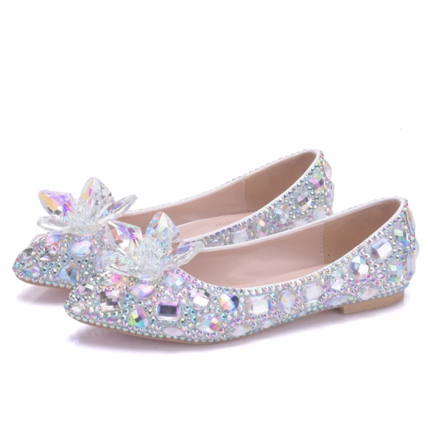 Glittrande Silver Brudskor 2018 Kristall Rhinestone Spetsiga Platt