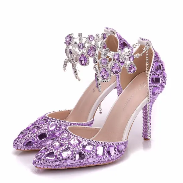 Charmant Lila Brautschuhe 2018 Kristall Knöchelriemen 9 cm Stilettos Spitzschuh Hochzeit Hochhackige