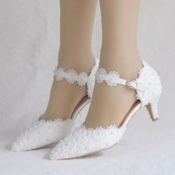 Chic / Beautiful White Wedding Shoes 2018 Lace Pearl Buckle 5 cm Stiletto Heels Pointed Toe Wedding High Heels