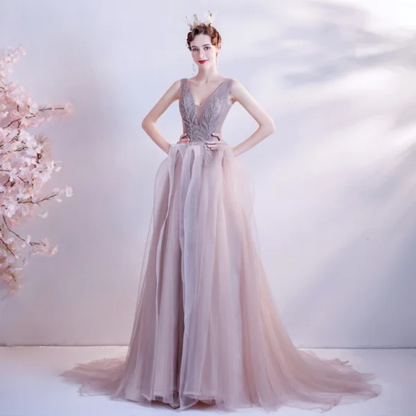 Charmant Perle Rose Robe De Bal 2021 Princesse Col v profond Perlage Paillettes Sans Manches Dos Nu Train De Balayage Robe De Ceremonie