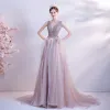 Charming Pearl Pink Prom Dresses 2021 A-Line / Princess Deep V-Neck Beading Sequins Sleeveless Backless Sweep Train Formal Dresses