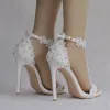 Charming White Wedding Shoes 2018 T-Strap Lace Flower Pearl Rhinestone Ankle Strap 11 cm Stiletto Heels Open / Peep Toe Wedding High Heels