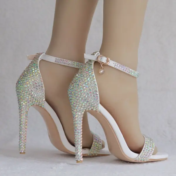 Schöne Weiß Brautschuhe 2018 Strass Knöchelriemen 11 cm Stilettos Peeptoes Hochzeit Hochhackige