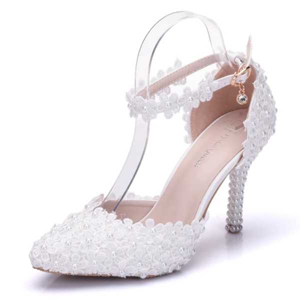 Modern / Fashion White Wedding Shoes 2018 Lace Flower Pearl Ankle Strap 9 cm Stiletto Heels Pointed Toe Wedding High Heels