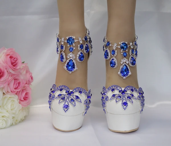 Charmant Königliches Blau Brautschuhe 2018 Kristall Strass 14 cm Stilettos Runde Zeh Hochzeit Hochhackige
