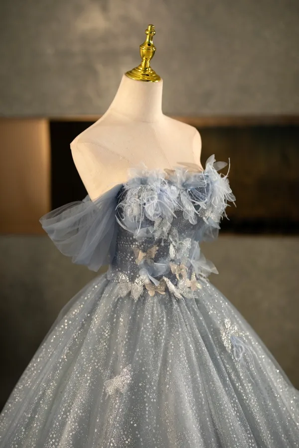 Bling Bling Grey Butterfly Appliques Sequins Tassel Prom Dresses 2025 Ball Gown Off-The-Shoulder Short Sleeve Backless Floor-Length / Long Formal Dresses
