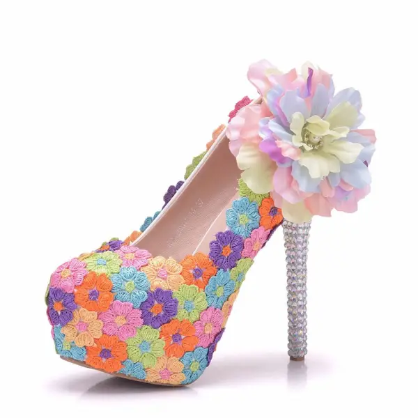 Flower Fairy Multi-Colors Prom Pumps 2018 Lace Handmade  Flower 14 cm Rhinestone Stiletto Heels Round Toe Pumps