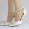Modern / Fashion White Wedding Shoes 2018 Pearl Rhinestone Tassel 9 cm Stiletto Heels Pointed Toe Wedding High Heels