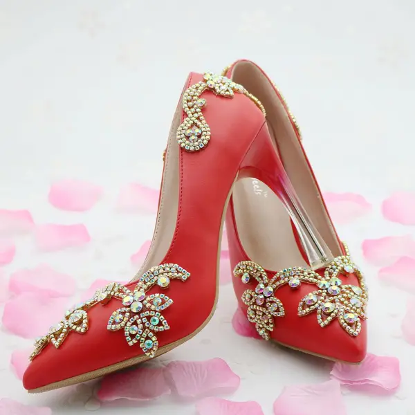 Mode Vita Brudskor 2018 Rhinestone 9 cm Kristall Stilettklackar Spetsiga Bröllop Pumps