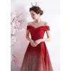 Sparkly Sexy Gradient-Color Red Prom Dresses 2021 A-Line / Princess Off-The-Shoulder Glitter Sequins Sleeveless Backless Floor-Length / Long Formal Dresses