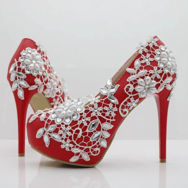 Chic / Beautiful Red Wedding Shoes 2018 Appliques Lace Pearl Rhinestone 14 cm Stiletto Heels Round Toe Wedding Pumps