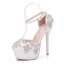 Mode Elfenben Brudskor 2018 Rhinestone Ankelband 14 cm Stilettklackar Pande Zote Toe Bröllop Högklackade