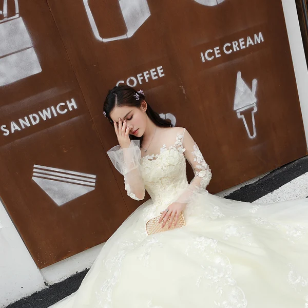 Chic / Beautiful Champagne Wedding Dresses 2018 A-Line / Princess Lace Flower Backless Scoop Neck Long Sleeve Court Train Wedding