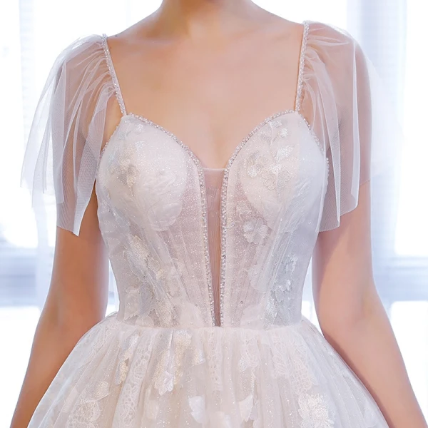 Chic / Beautiful White Wedding Dresses 2018 A-Line / Princess Glitter Tulle Crystal Spaghetti Straps Sleeveless Floor-Length / Long Wedding