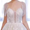 Chic / Beautiful White Wedding Dresses 2018 A-Line / Princess Glitter Tulle Crystal Spaghetti Straps Sleeveless Floor-Length / Long Wedding