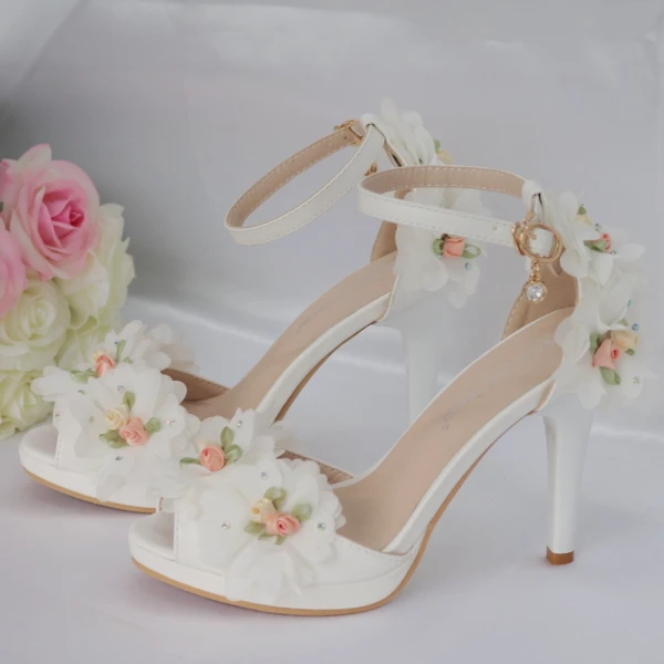 Modern / Fashion White Wedding Shoes 2018 Appliques Rhinestone Ankle Strap 8 cm Stiletto Heels Open / Peep Toe Wedding High Heels