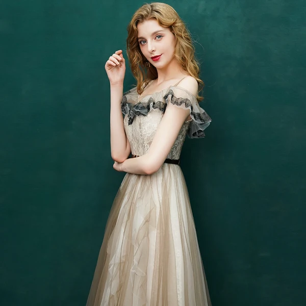 Luxury / Gorgeous Champagne Prom Dresses 2019 A-Line / Princess Sash Lace Spaghetti Straps Backless Sleeveless Floor-Length / Long Formal Dresses