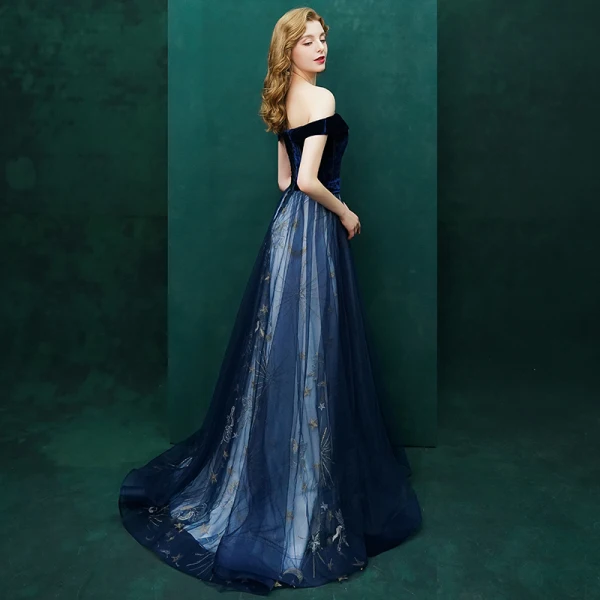 Sexy Bleu Marine Robe De Soirée 2019 Princesse Daim Étoile De l'épaule Dos Nu Manches Courtes Train De Balayage Robe De Ceremonie