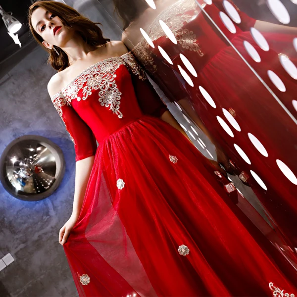 Moderne / Mode Rouge Robe De Soirée 2018 Princesse Appliques En Dentelle De l'épaule 1/2 Manches Dos Nu Longue Robe De Ceremonie
