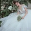 Luxury / Gorgeous White Wedding Dresses Ball Gown 2021 Scoop Neck Beading Pearl Short Sleeve Backless Royal Train Wedding