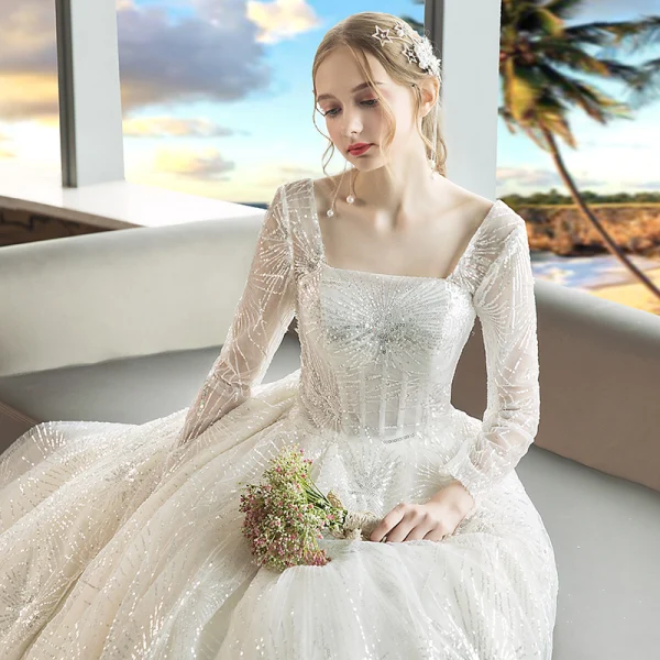 Luxury / Gorgeous Champagne Wedding Dresses 2018 Ball Gown Beading Sequins Square Neckline Long Sleeve Backless Royal Train