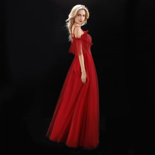 Chic / Beautiful Burgundy Evening Dresses 2019 A-Line / Princess Beading Crystal Spaghetti Straps Backless Short Sleeve Floor-Length / Long Formal Dresses