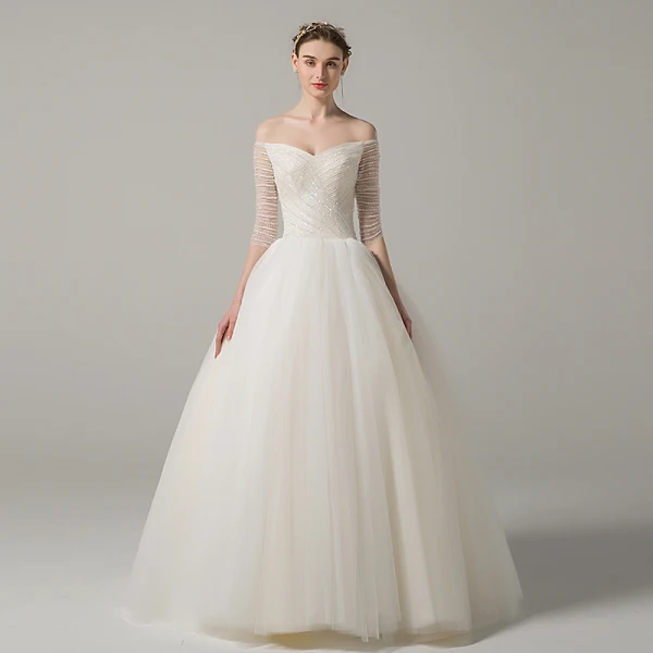 Chic / Beautiful Champagne Wedding Dresses 2018 A-Line / Princess Beading Off-The-Shoulder Backless 3/4 Sleeve Floor-Length / Long Wedding
